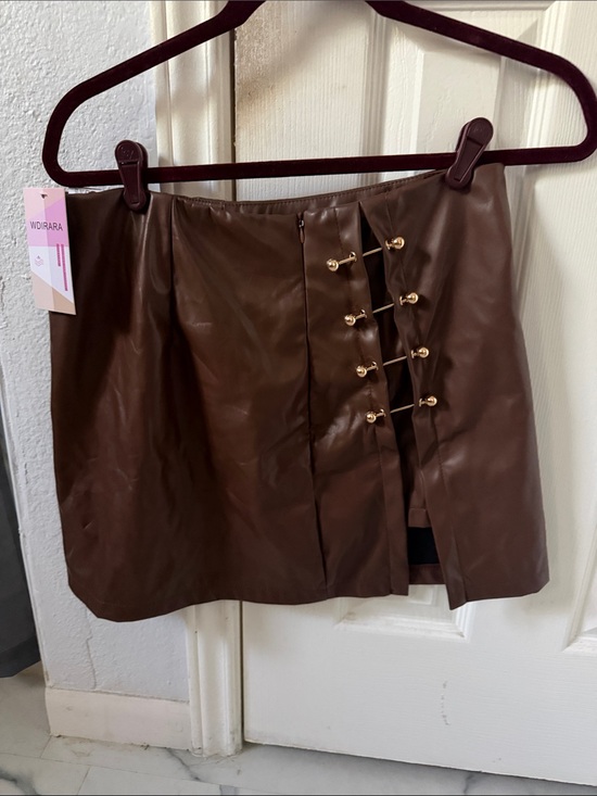 Wdirara Dresses & Skirts - Brand New w/Tags Brown Faux Leather Mini Skirt with Gold Toggle Detail